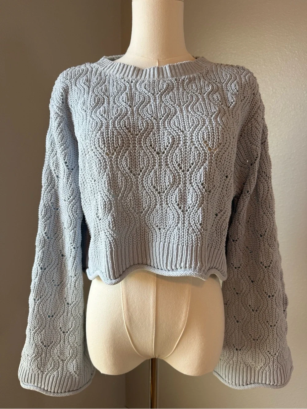 NWOT Cupcake Blue Pointelle Knit Bell Sleeve Cropped Sweater Size Small